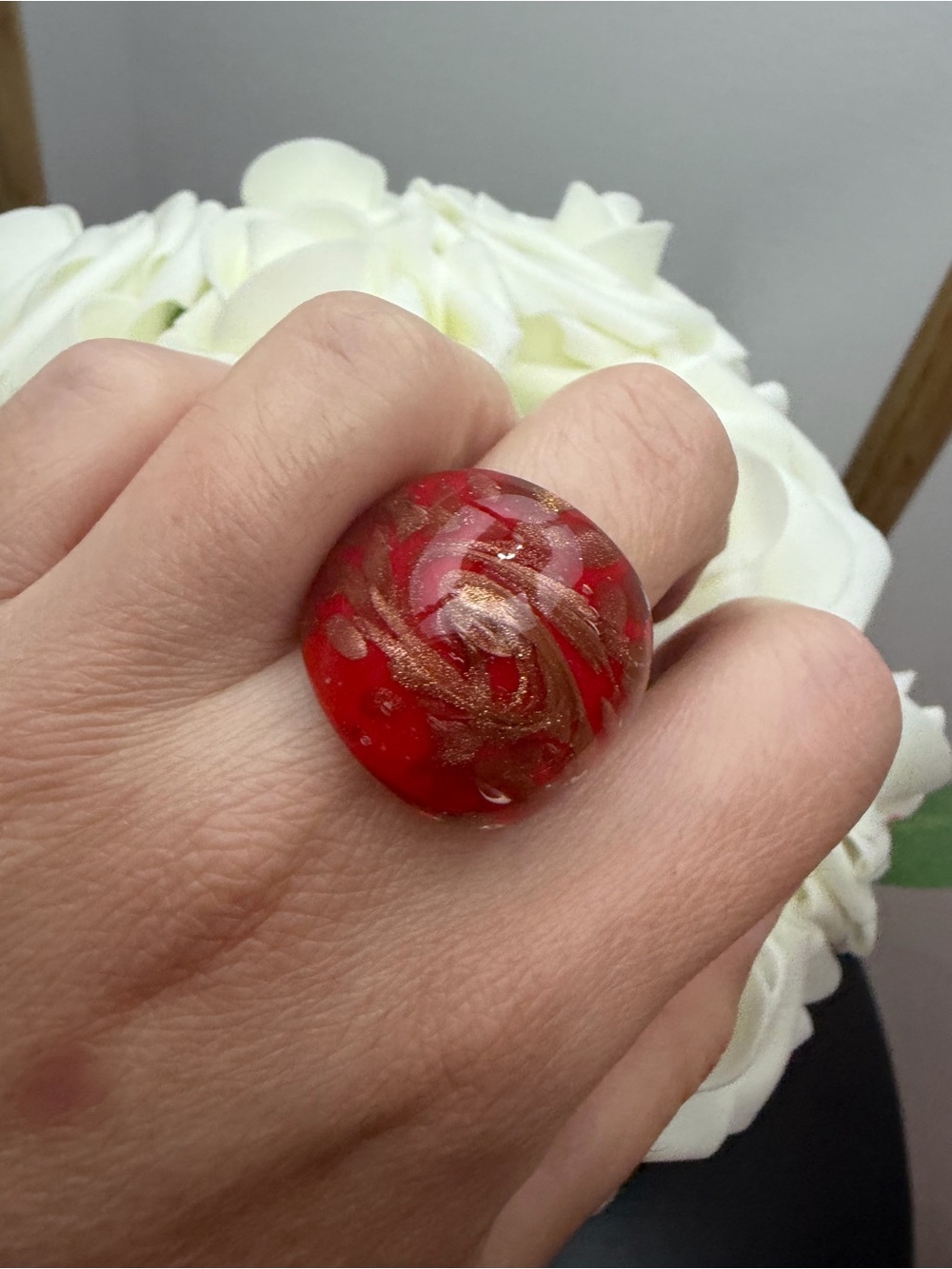 Red Glass Statement Ring with Gold Swirl